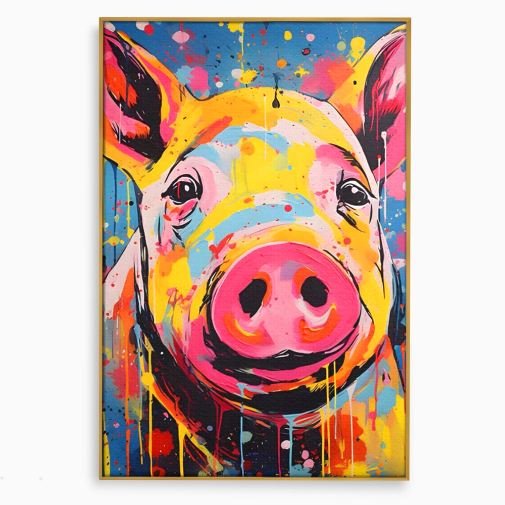 Tablou canvas cu tablou canvas portret de porc colorat, in rama de aluminiu auriu